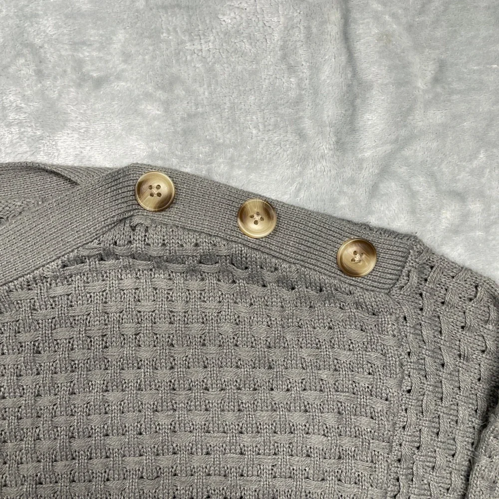 Dressbarn Sweater Womens Medium Gray Button Shoulder Basketweave Knit Pullover